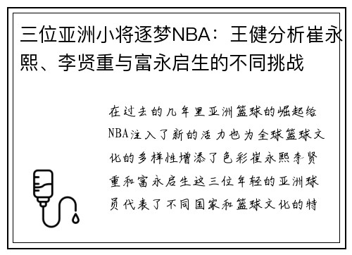 三位亚洲小将逐梦NBA：王健分析崔永熙、李贤重与富永启生的不同挑战